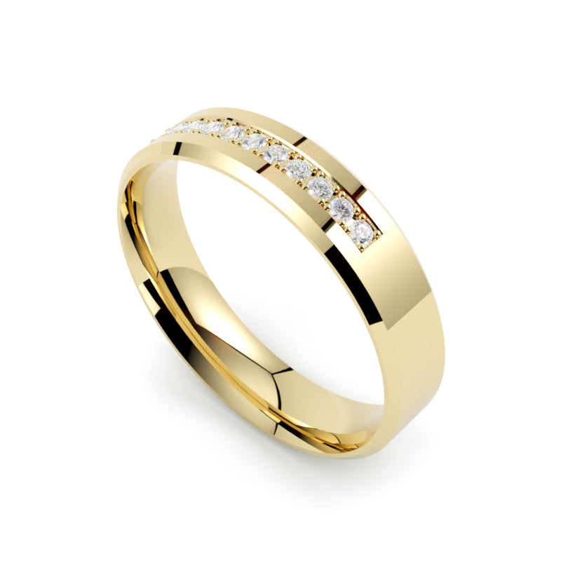 Obrączka ślubna z diamentami, żółte złoto 750, profil płaski fazowany, szerokość 4,50 mm, polerowana, GOLDPORT
